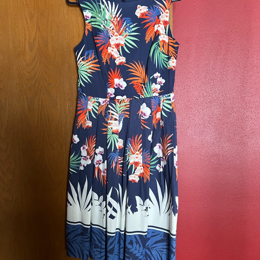 Talbots Tropical Print Navy Midi Dress